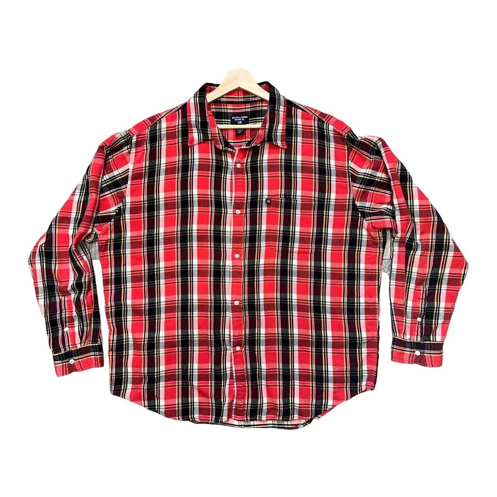 Ralph Lauren Mens Black Label Shirt‎ Red Black Yellow Large Cotton Flannel  XL